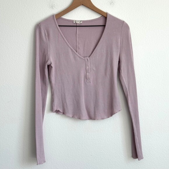 Intimately Free People Purple Ribbed Crop Top Boho Chic Long Sleeve Henley Cozy - Picture 2 of 7